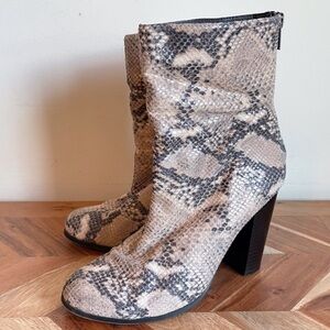 A+ Ellen Tan Snake Print Midi Heel Boots